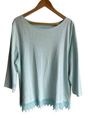 Talbots 100% Cotton Crochet Trim Top XL Baby Blue 3/4 Sleeve Casual Spring Shirt
